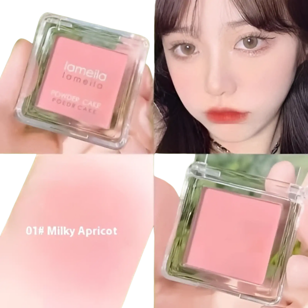 Monochrome Powder Blush Compact with brush showing pink powder in shade 01 milky apricot by lomella in clear compact