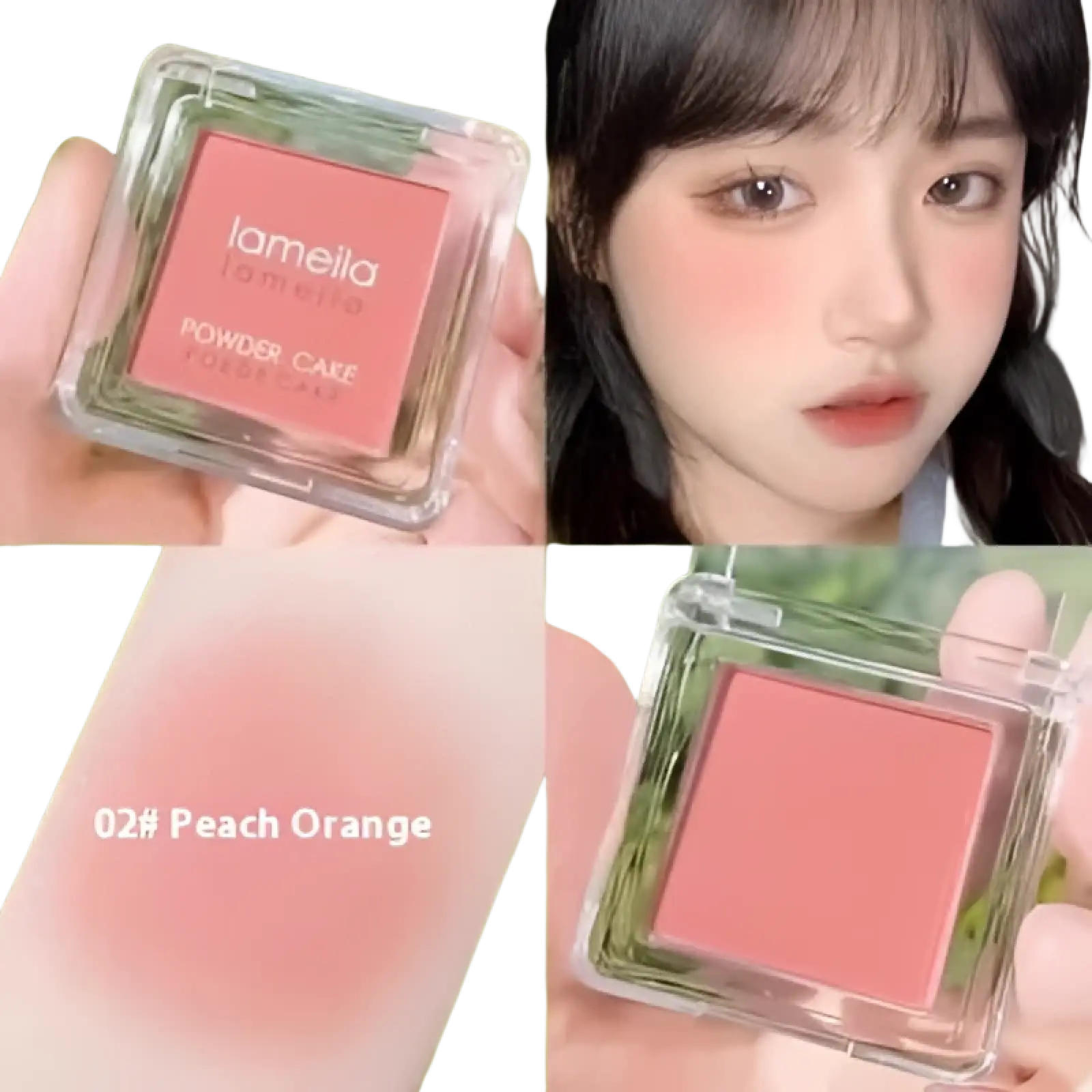 The lamella powder cake blush in shade 02 peach orange in a clear square compact from Monochrome Powder Blush Compact with Brush 4 Colors