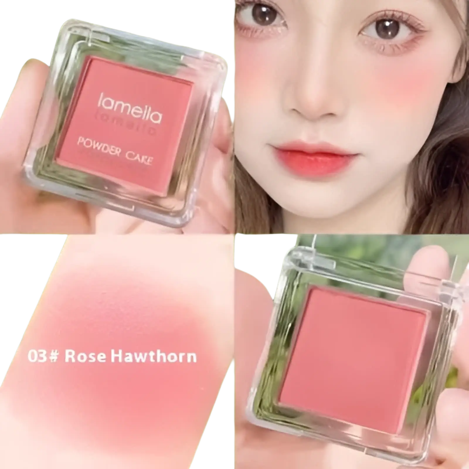 A translucent compact of monochrome powder blush with brush in rose hawthorn soft pink shade for natural makeup