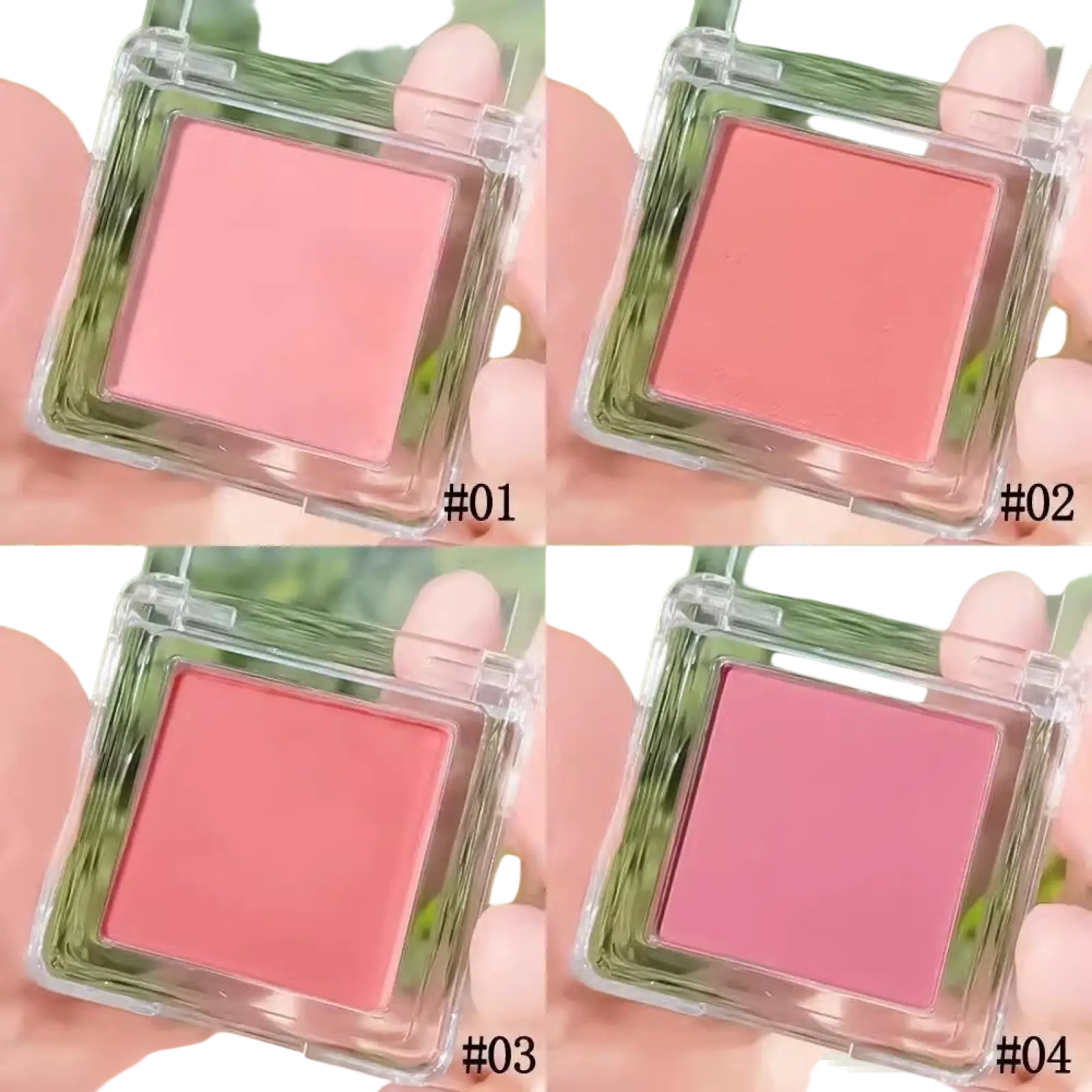 Monochrome powder blush compact with brush featuring clear square case and four shades of pink and coral hues