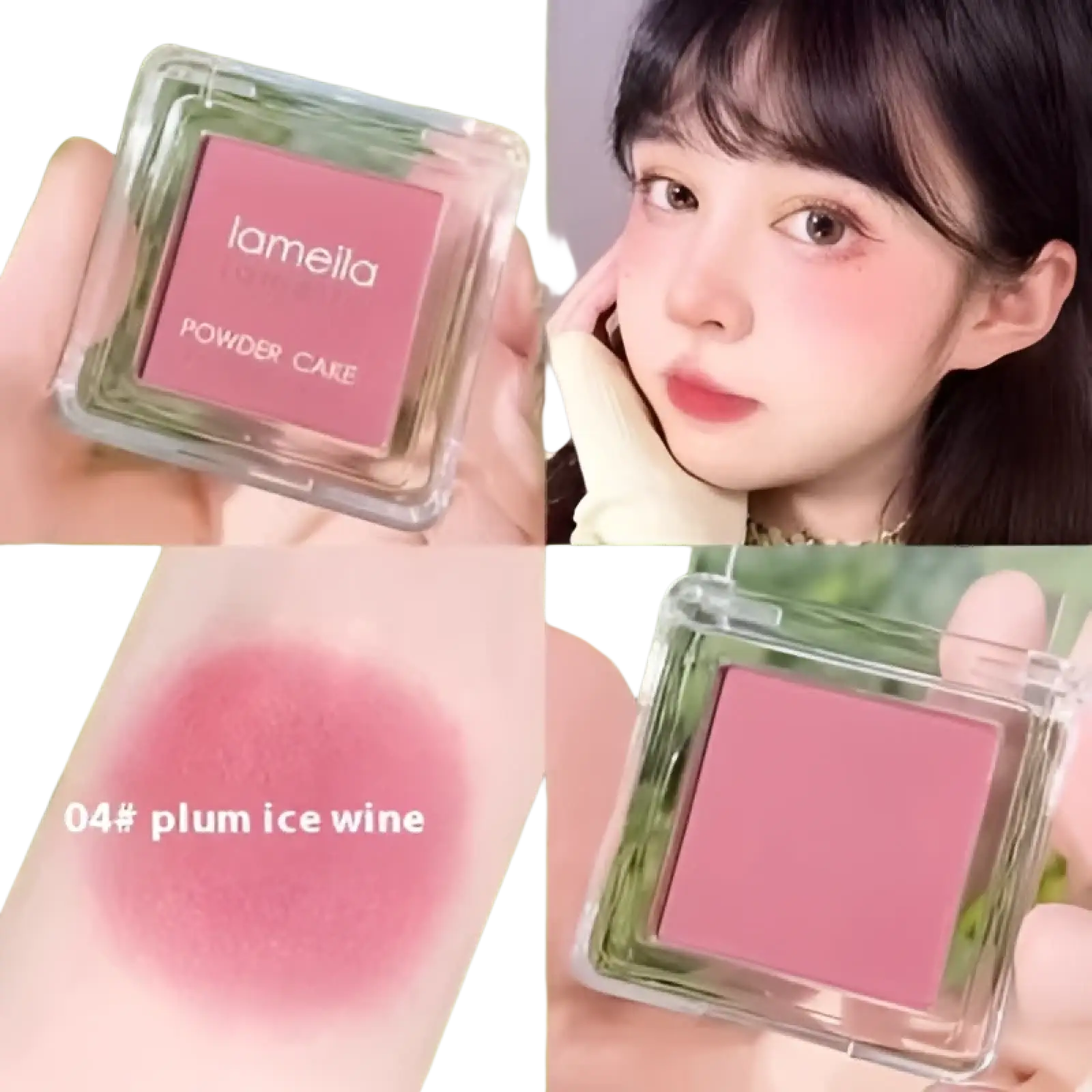Monochrome powder blush compact with brush featuring lamella powder cake in plum ice wine soft pink blush in clear case
