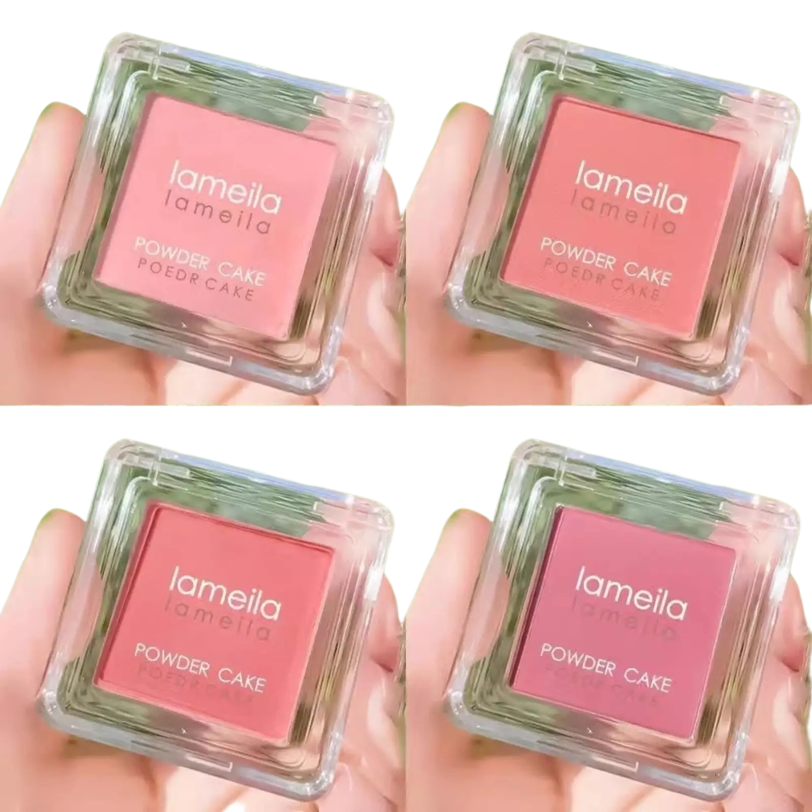 Lameila monochrome powder blush compact with brush featuring pinkish coral pressed pigment in a clear square case