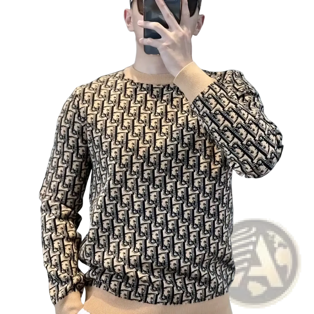 Beige and black Dior oblique logo knit Monogram pullover sweater with ribbed cuffs and hem in slim fit design