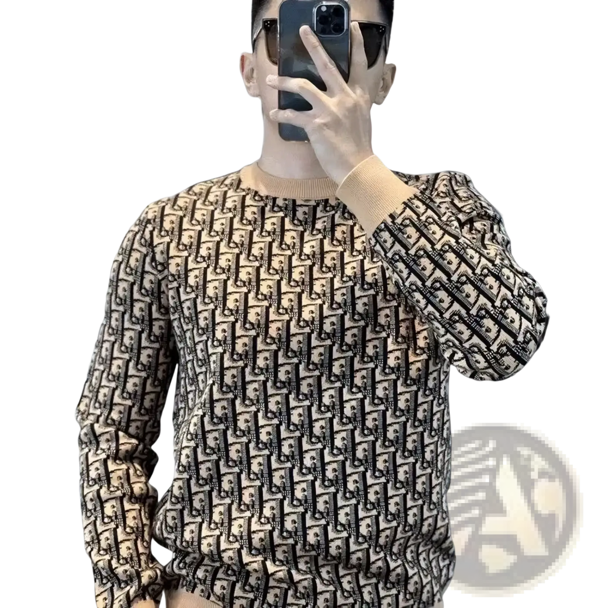 Beige and black patterned monogram knit pullover sweater slim fit with long sleeves and repeating design