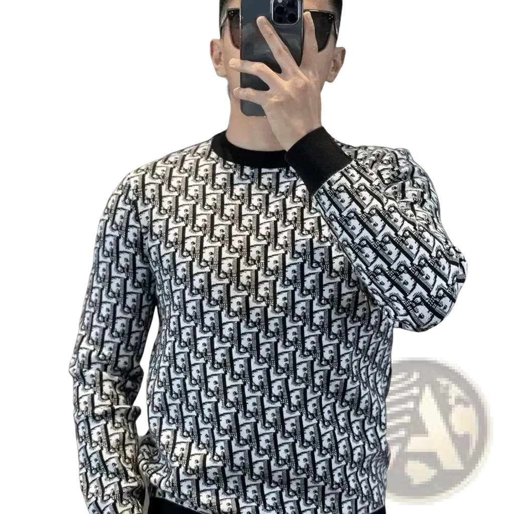 Black and white Dior oblique logo knit sweater slim fit featuring monogram pattern and fine knit material
