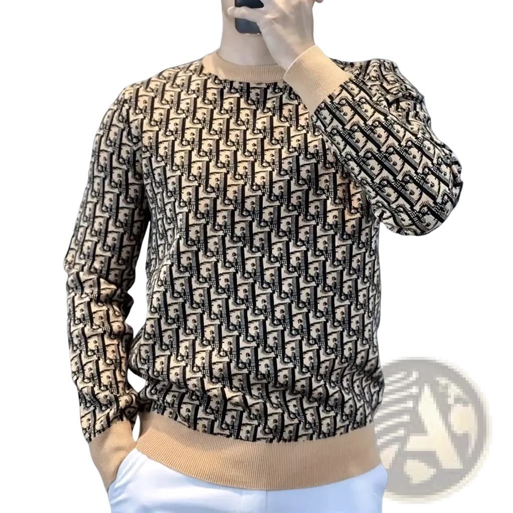 Beige and black dior oblique pattern monogram knit pullover sweater slim fit with ribbed cuffs and hem