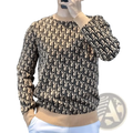 Beige and black dior oblique pattern monogram knit pullover sweater slim fit with ribbed cuffs and hem