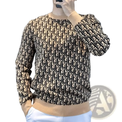 Beige and black dior oblique pattern monogram knit pullover sweater slim fit with ribbed cuffs and hem