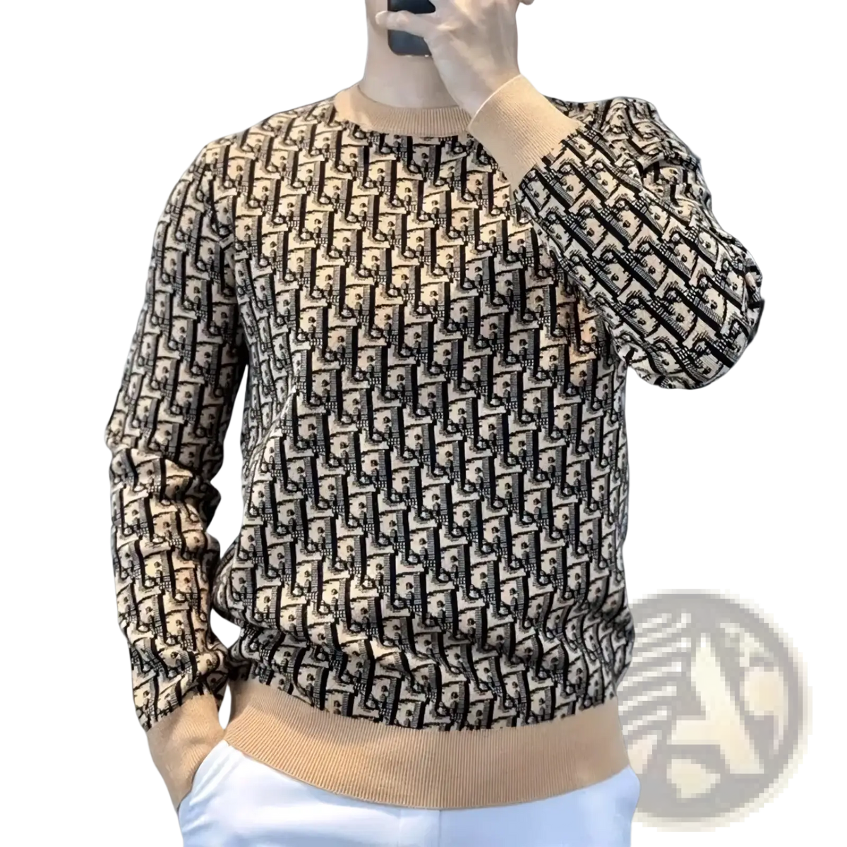 Beige and black dior oblique pattern monogram knit pullover sweater slim fit with ribbed cuffs and hem