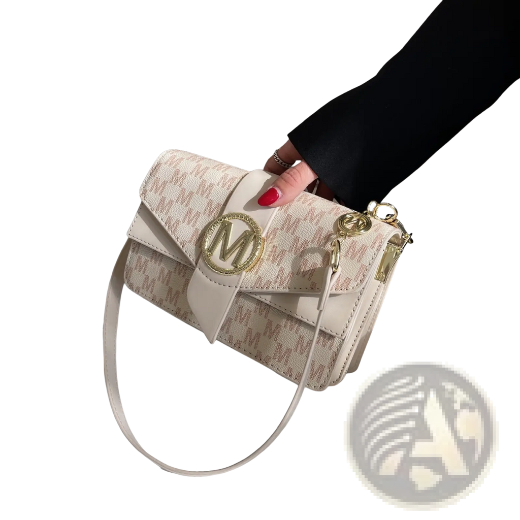 Cream-colored monogram letter print crossbody messenger bag with adjustable strap and gold-tone hardware