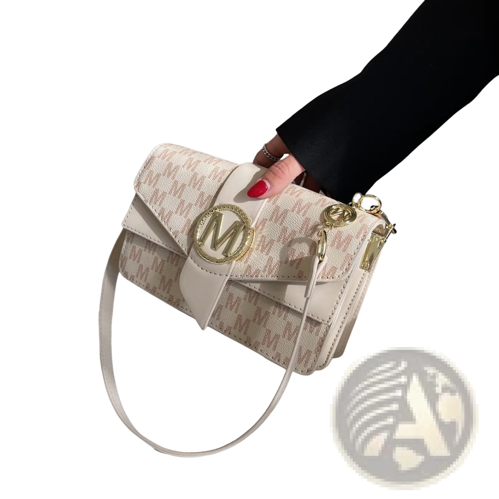 Cream-colored monogram letter print crossbody messenger bag with adjustable strap and gold-tone hardware