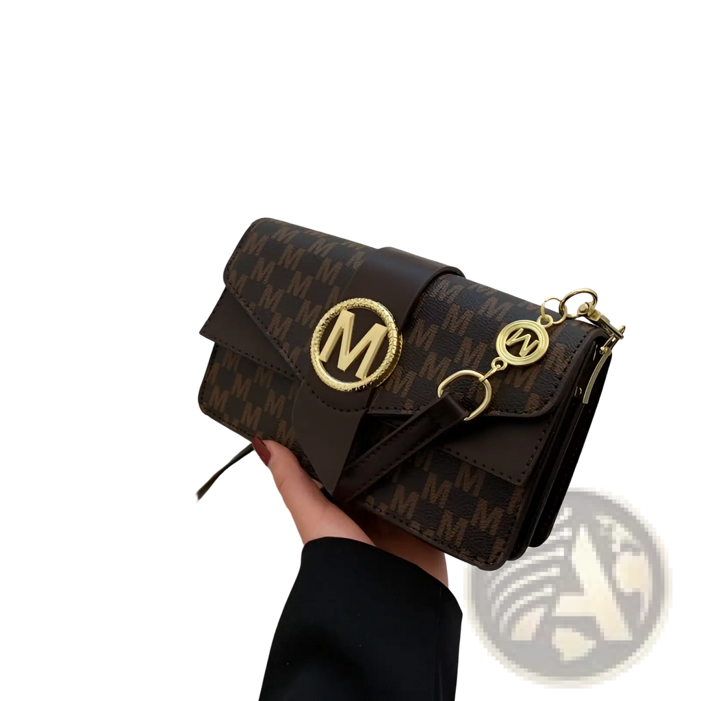 Brown leather monogram letter print crossbody messenger bag with gold-tone metal accents and repeating pattern