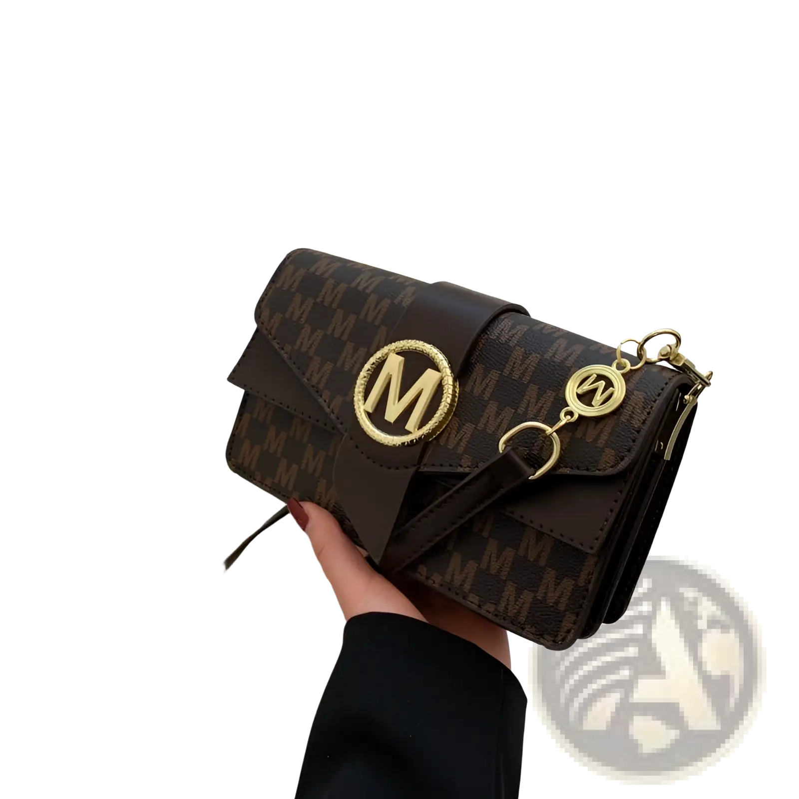 Brown leather monogram letter print crossbody messenger bag with gold-tone metal accents and repeating pattern