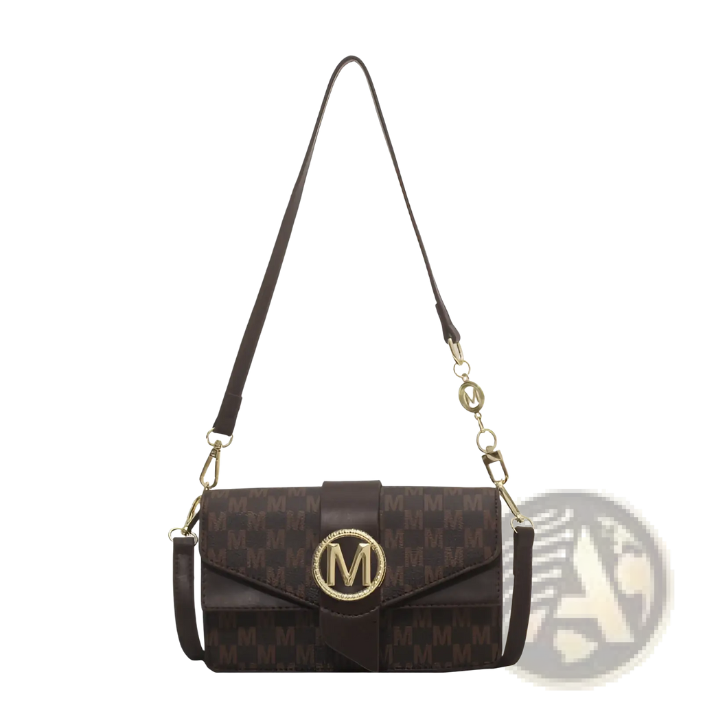 Brown monogram letter print crossbody messenger bag with repeating pattern and gold-tone logo hardware