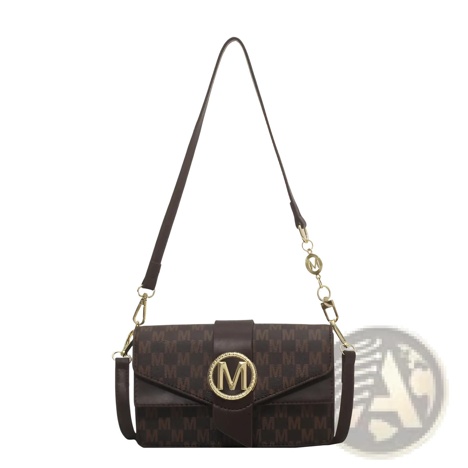 Brown monogram letter print crossbody messenger bag with repeating pattern and gold-tone logo hardware