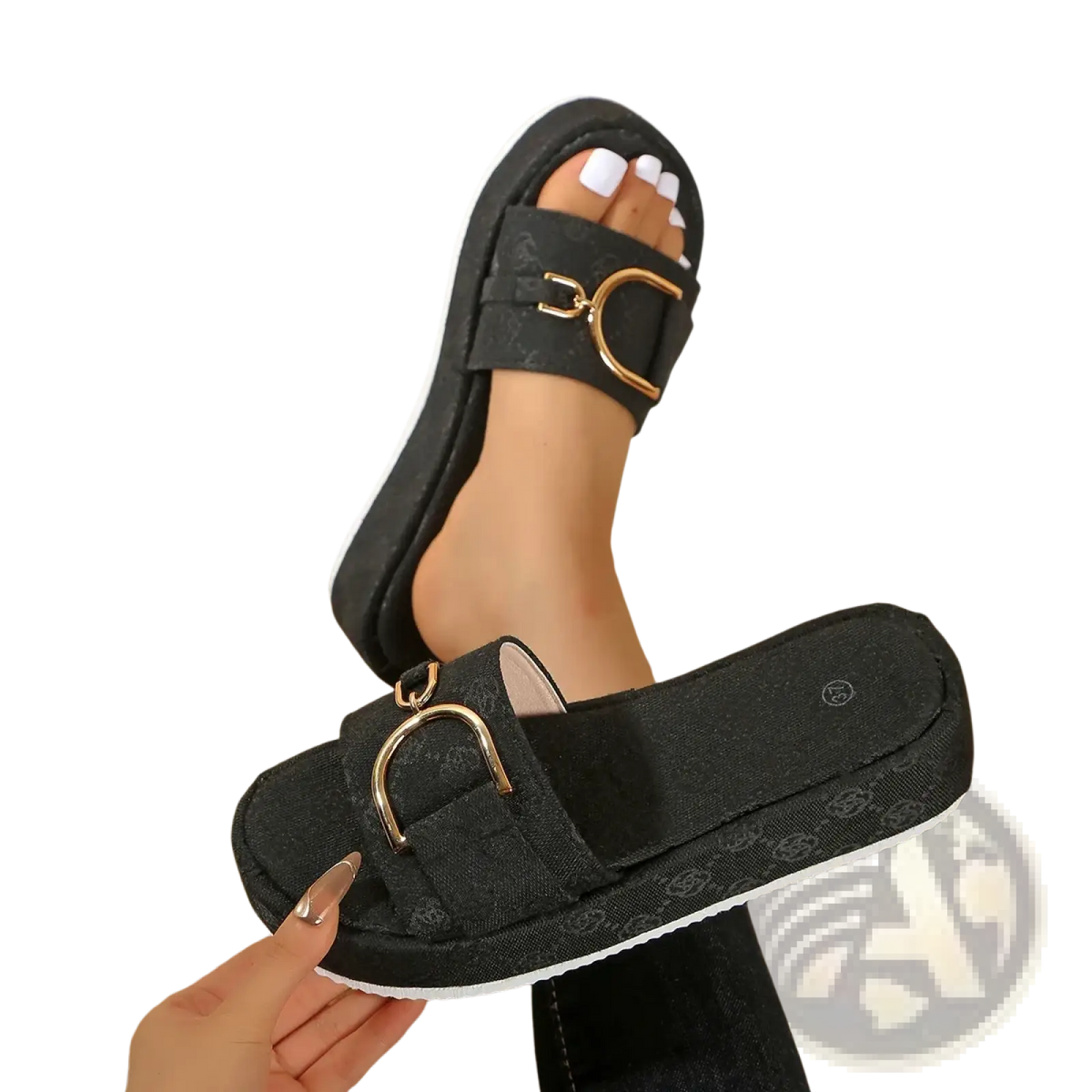 Black monogram platform slide sandals with gold-tone buckle and subtle patterned fabric for stylish wear