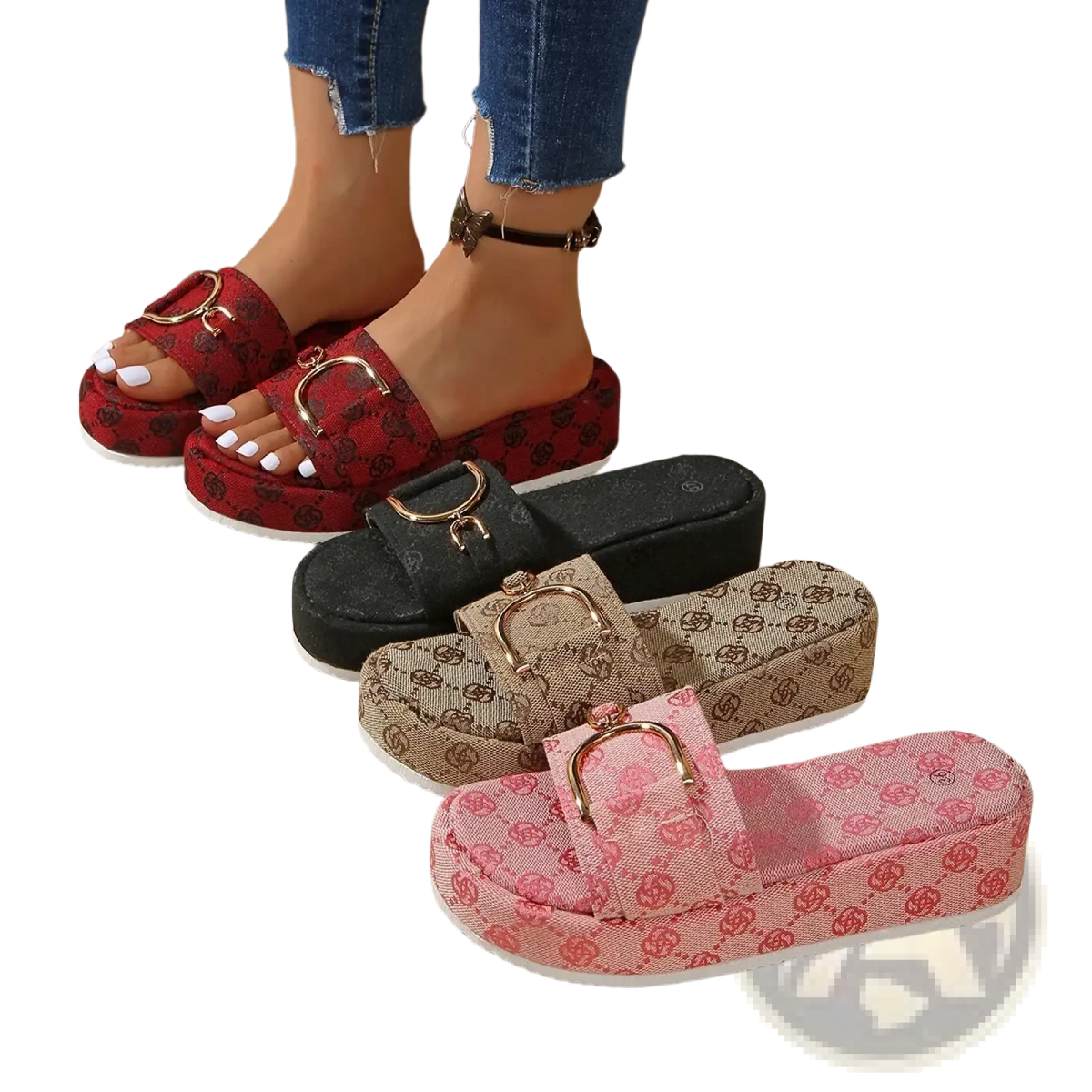 Monogram platform slide sandals in red black and pink with floral pattern and gold-tone buckle accents
