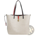 Monogram tote bag large capacity shoulder bag with beige and black pattern, red leather handles, gold lock closure, and strap detail