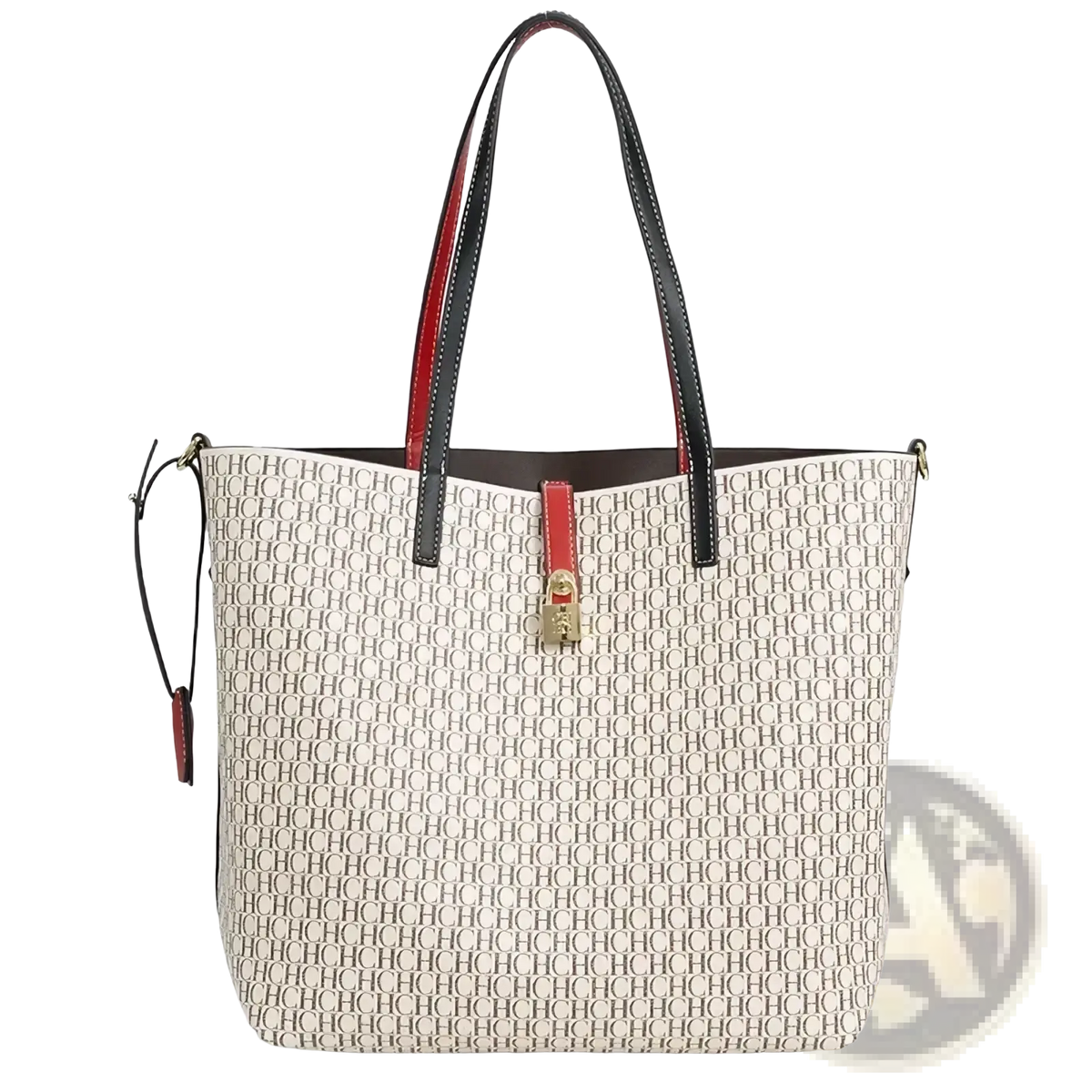 Monogram tote bag large capacity shoulder bag with beige and black pattern, red leather handles, gold lock closure, and strap detail