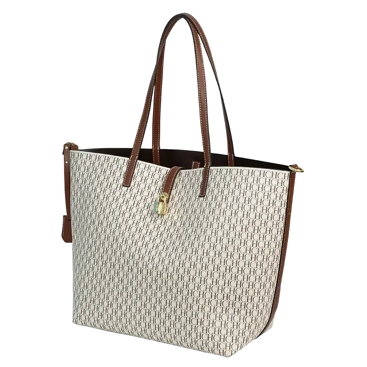 Beige monogram tote bag with large capacity and brown leather handles suitable as a shoulder bag