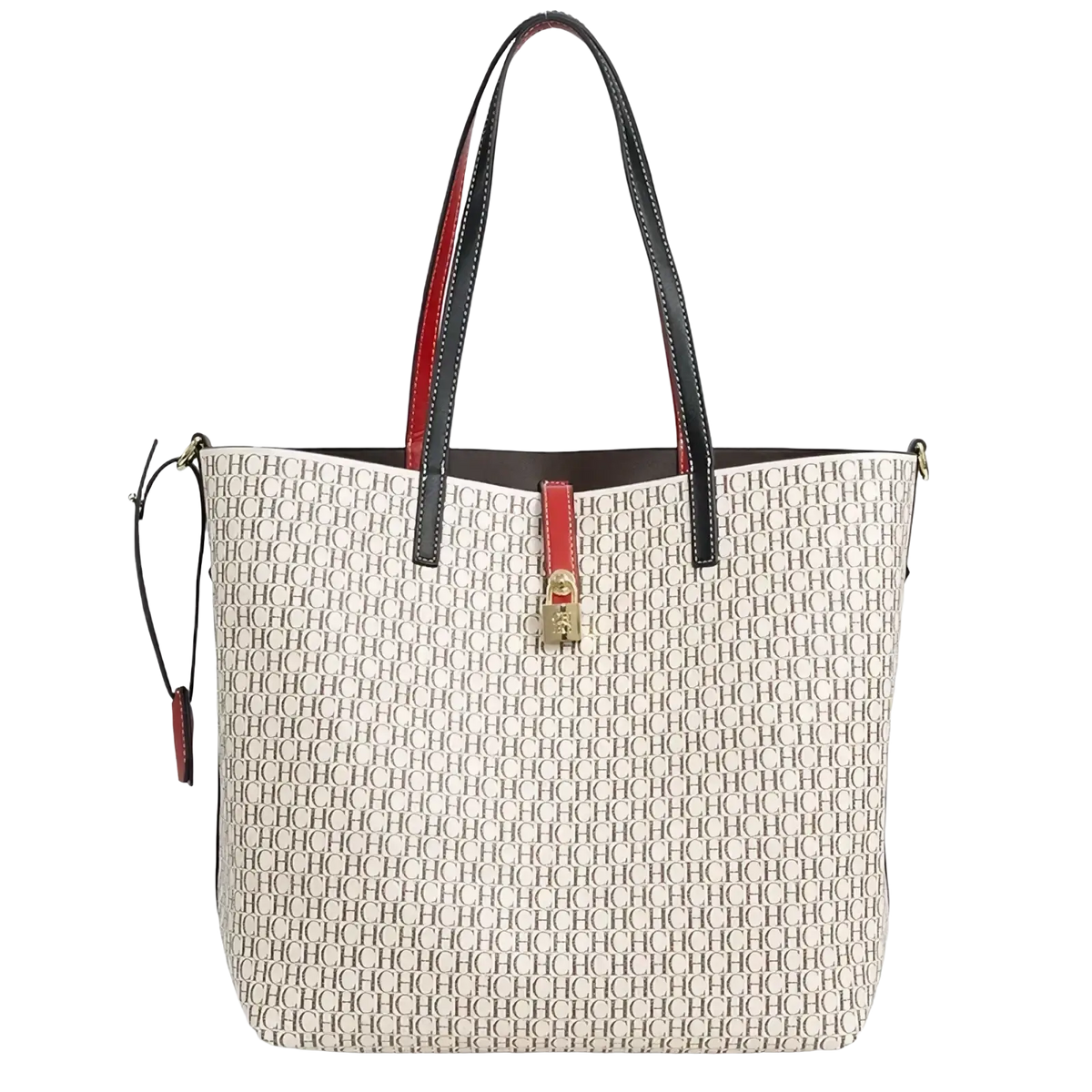 Monogram tote bag large capacity shoulder bag with beige and black pattern, red leather handles, gold lock closure, and strap detail