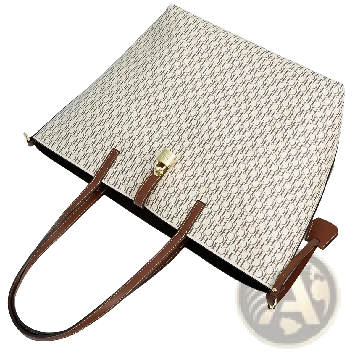 Beige and brown monogram tote bag with leather handles and gold-tone hardware large capacity shoulder bag