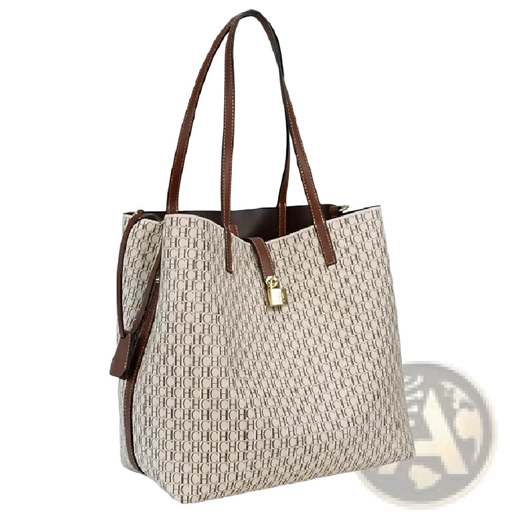 Beige and brown monogram tote bag with leather handles and gold-tone lock closure large capacity shoulder bag