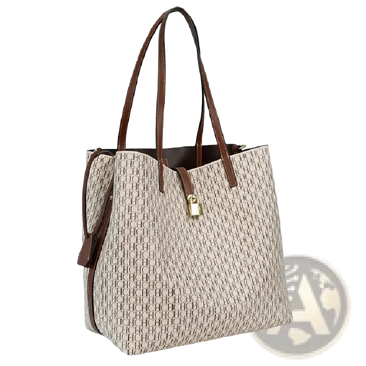 Beige and brown monogram tote bag with leather handles and gold-tone lock closure large capacity shoulder bag