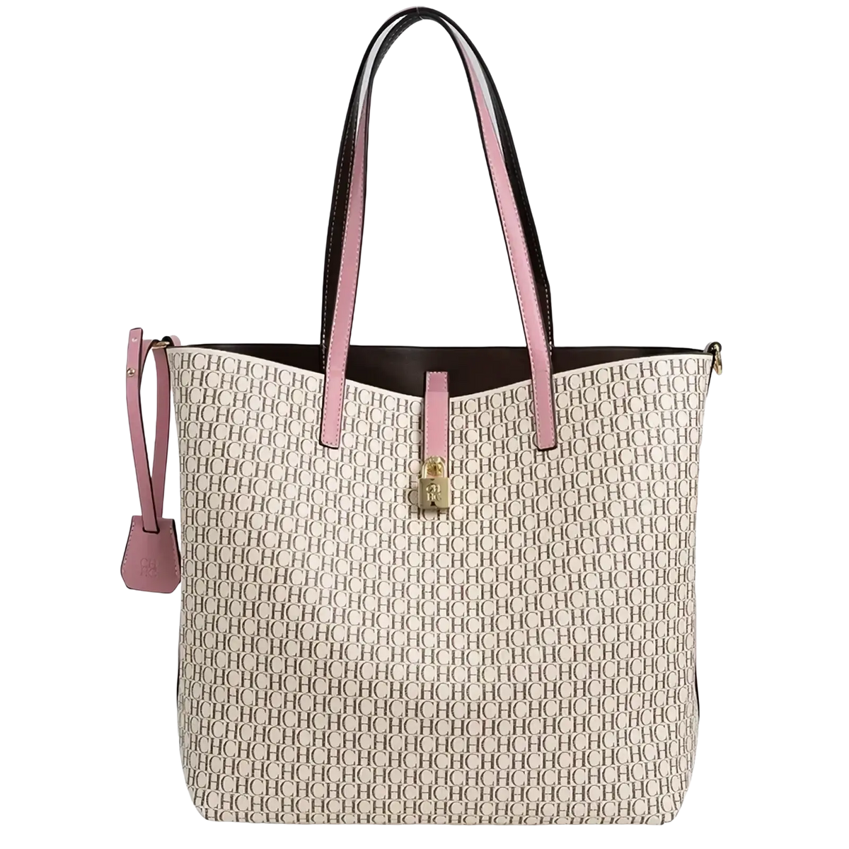 Beige and pink leather monogram tote bag with large capacity and gold-tone hardware for shoulder use