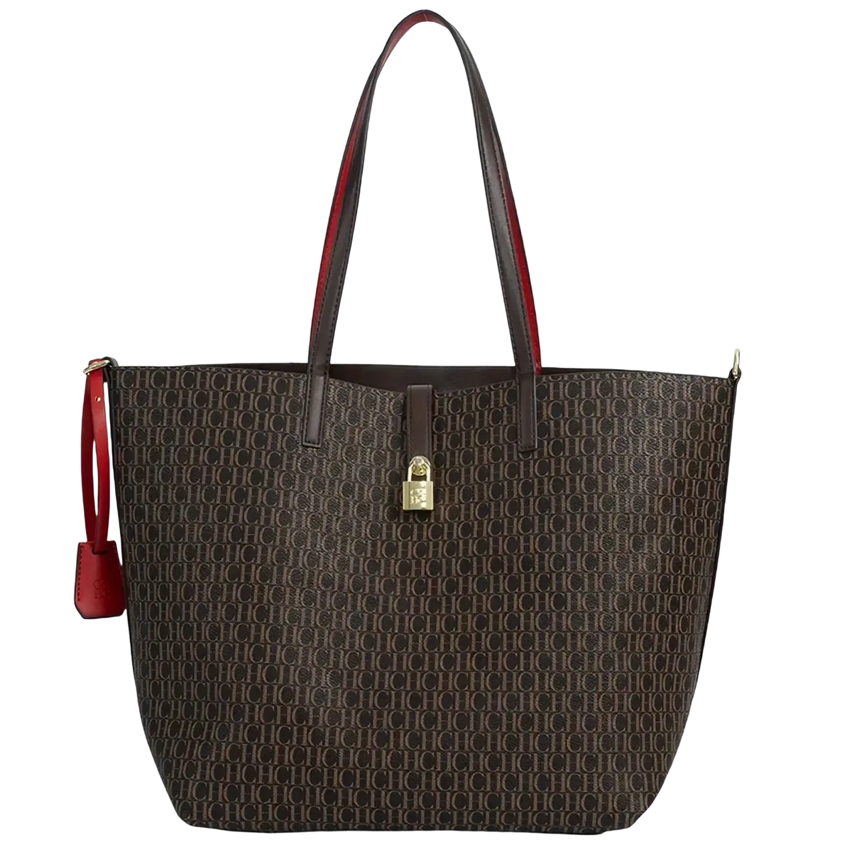 Brown monogram tote bag with red leather handles and gold-tone lock closure large capacity shoulder bag