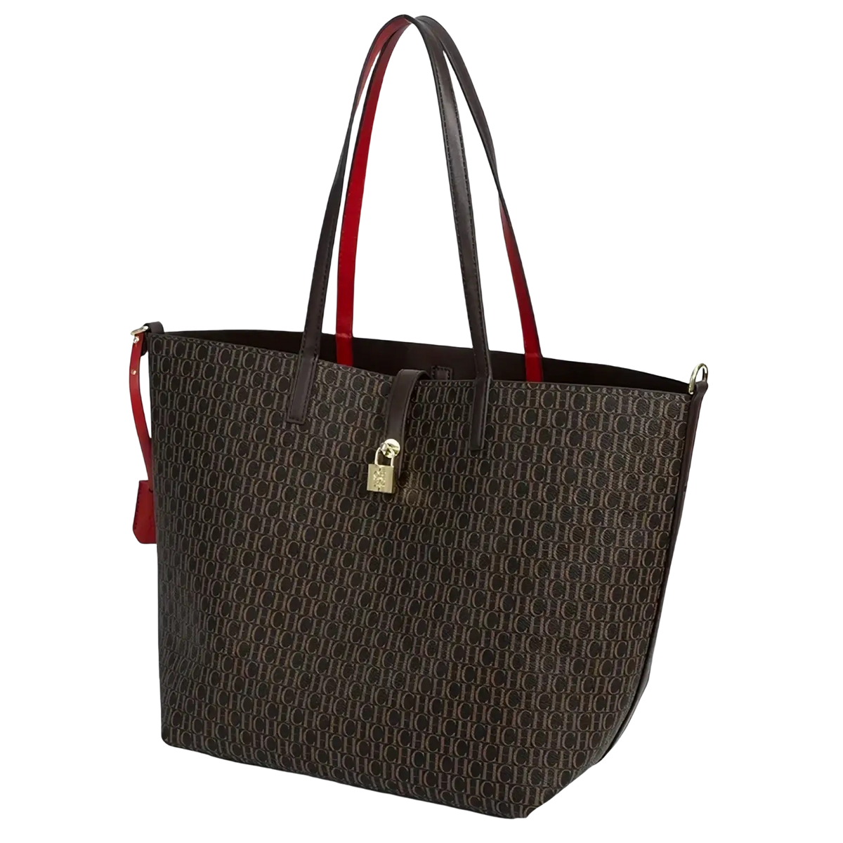Brown monogram tote bag with large capacity featuring black and red leather handles and gold-tone lock closure