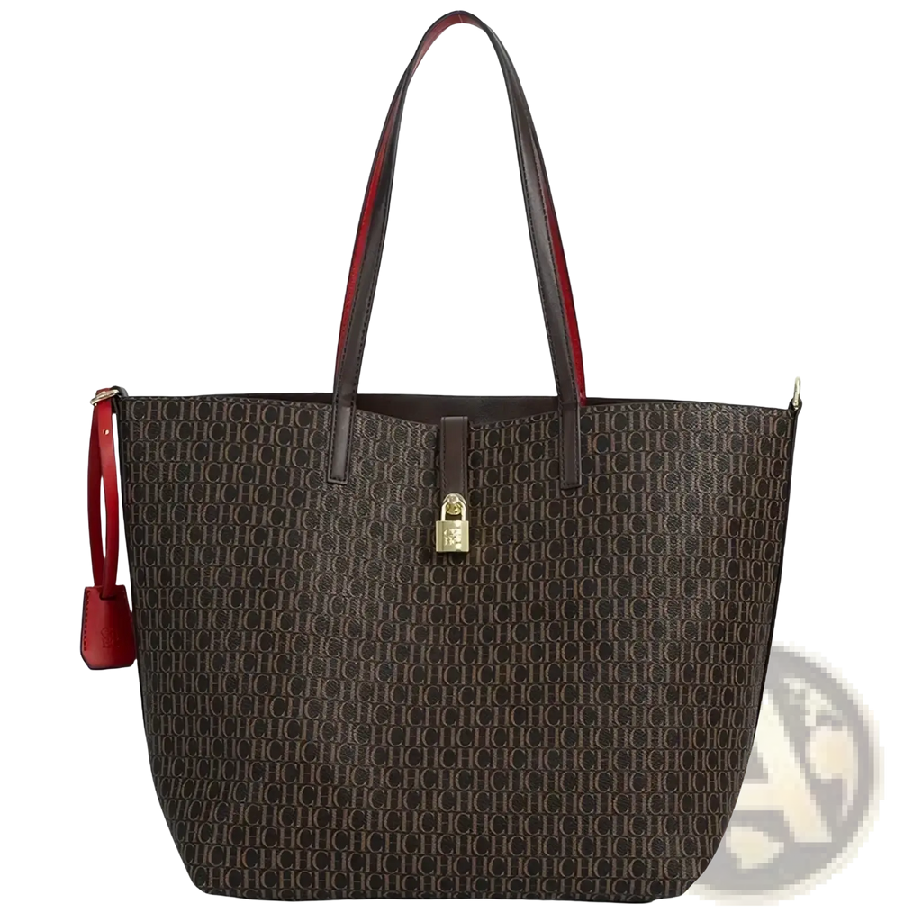 Brown monogram tote bag with red leather handles and gold-tone lock closure large capacity shoulder bag