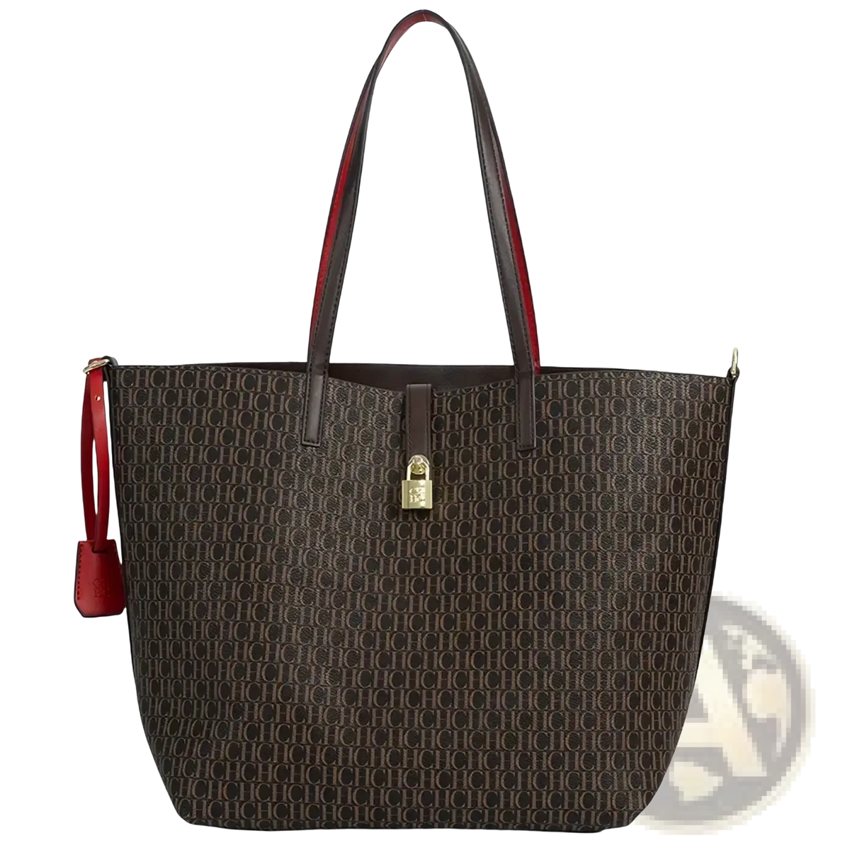 Brown monogram tote bag with red leather handles and gold-tone lock closure large capacity shoulder bag