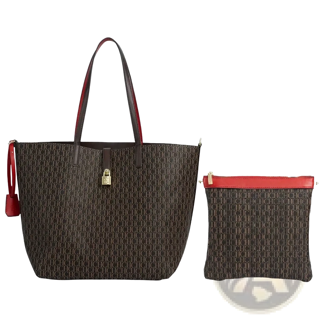 Brown and red patterned monogram tote bag with large capacity and gold-tone lock detail shoulder bag