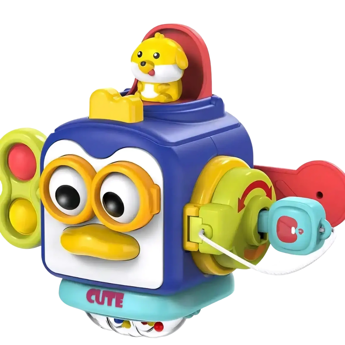 Blue and yellow montessori busy cube travel toy with an interactive robot and cute dog figure on top
