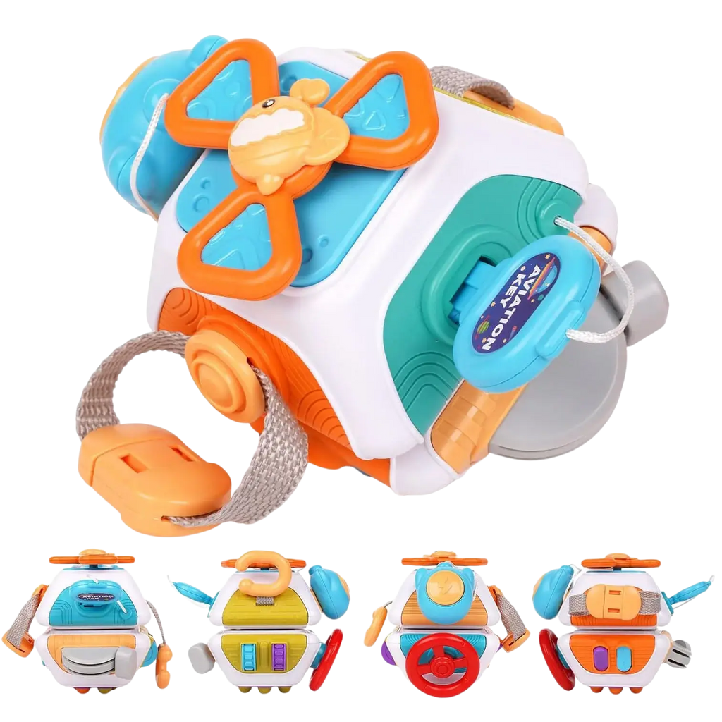 Brightly colored orange blue and white plastic airplane-shaped montessori busy cube travel toy activity cube