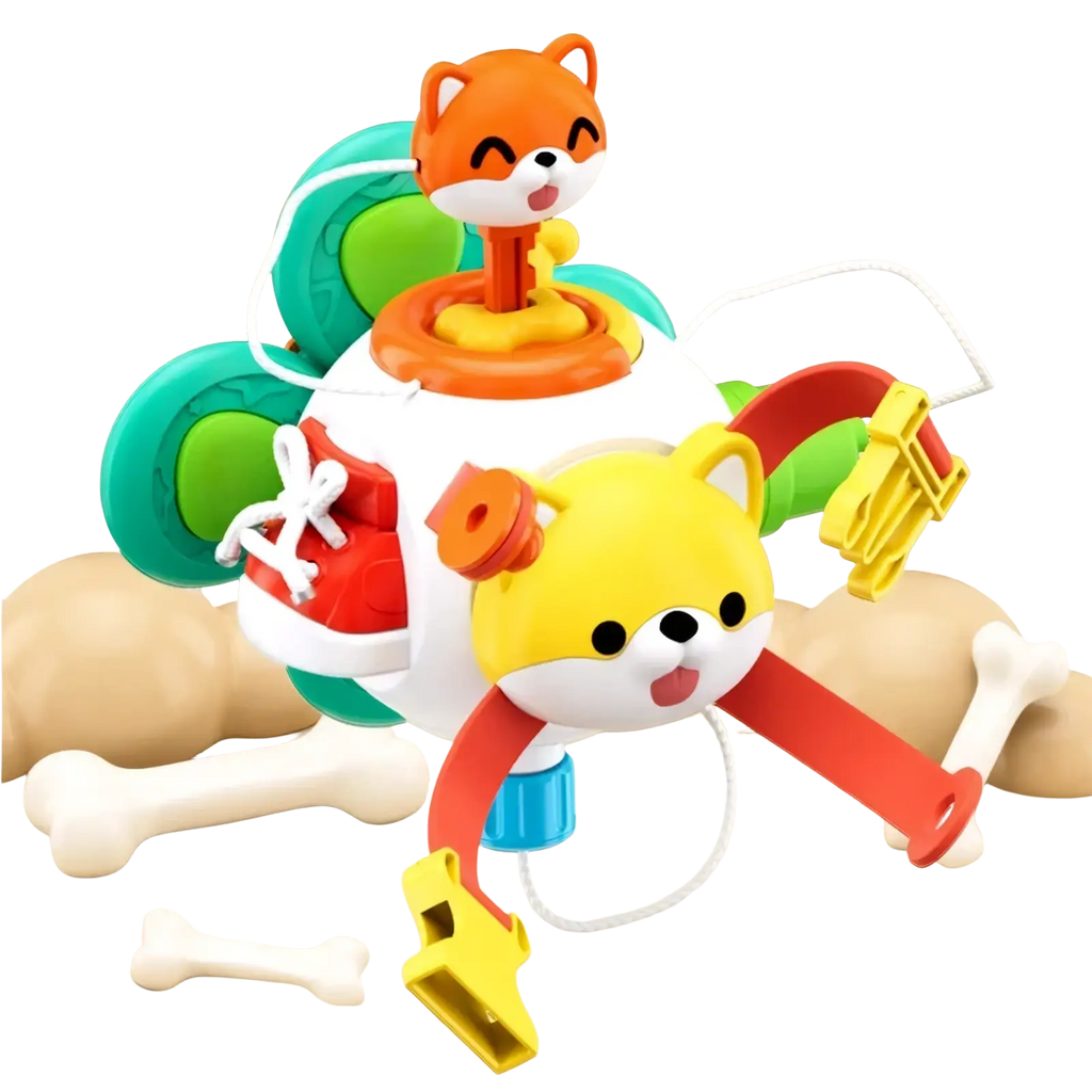 Montessori busy cube travel toy brightly colored plastic with orange fox yellow dog faces and interactive buttons levers pull-string