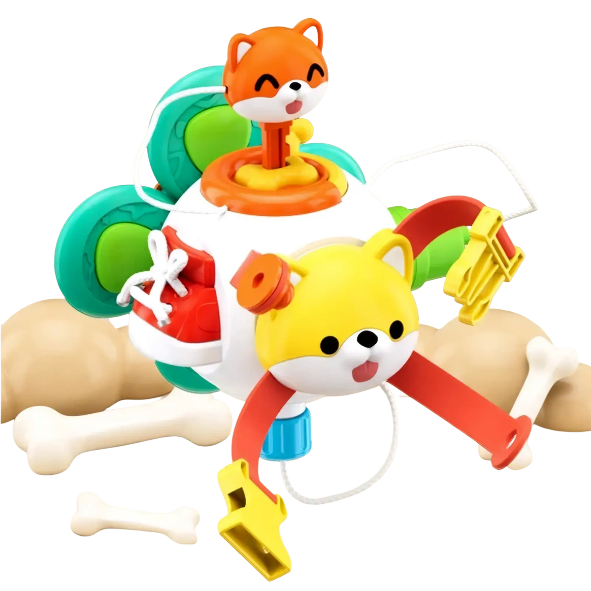 Montessori busy cube travel toy brightly colored plastic with orange fox yellow dog faces and interactive buttons levers pull-string