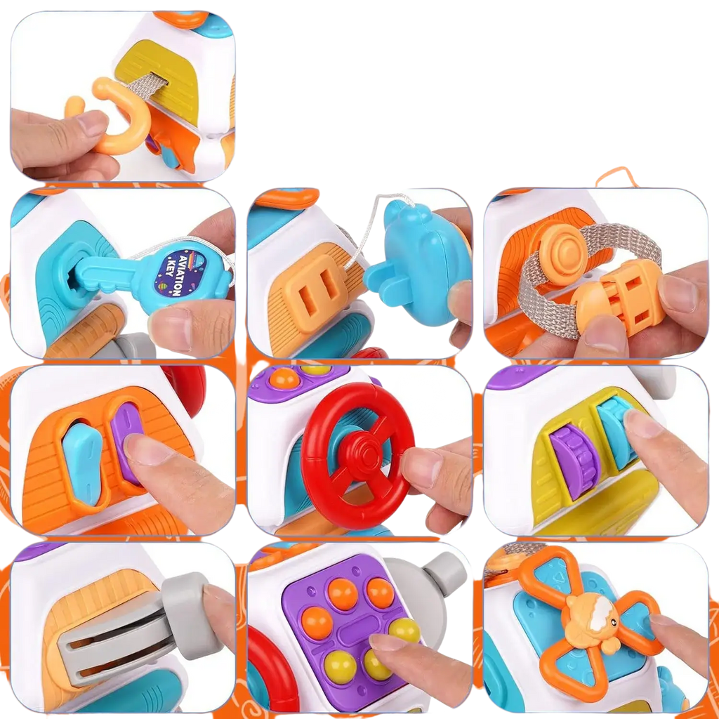 Brightly colored orange blue purple and red plastic Montessori busy cube travel toy car with steering wheel buttons and detachable parts