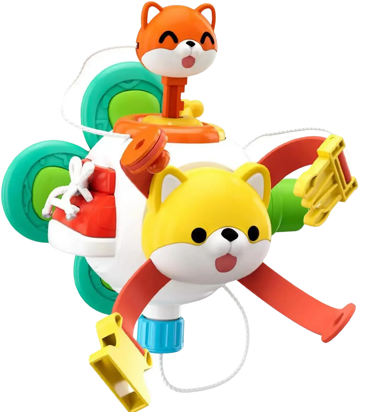 Montessori busy cube travel toy with brightly colored plastic featuring two cartoon foxes and green wheels with white cord