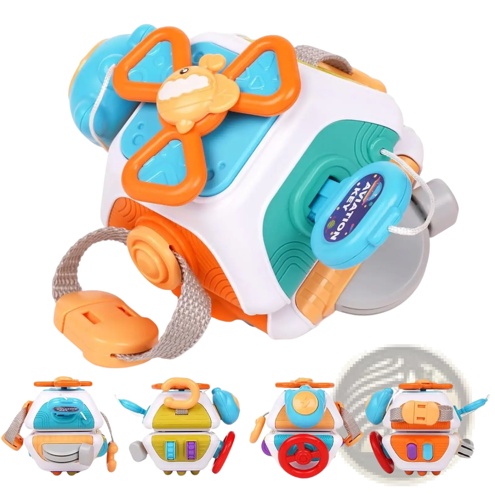 Brightly colored orange blue and white plastic airplane-shaped montessori busy cube travel toy activity cube