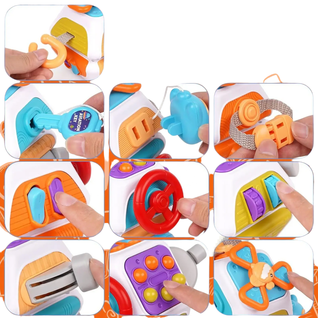 Brightly colored orange blue purple and red plastic Montessori busy cube travel toy car with steering wheel buttons and detachable parts