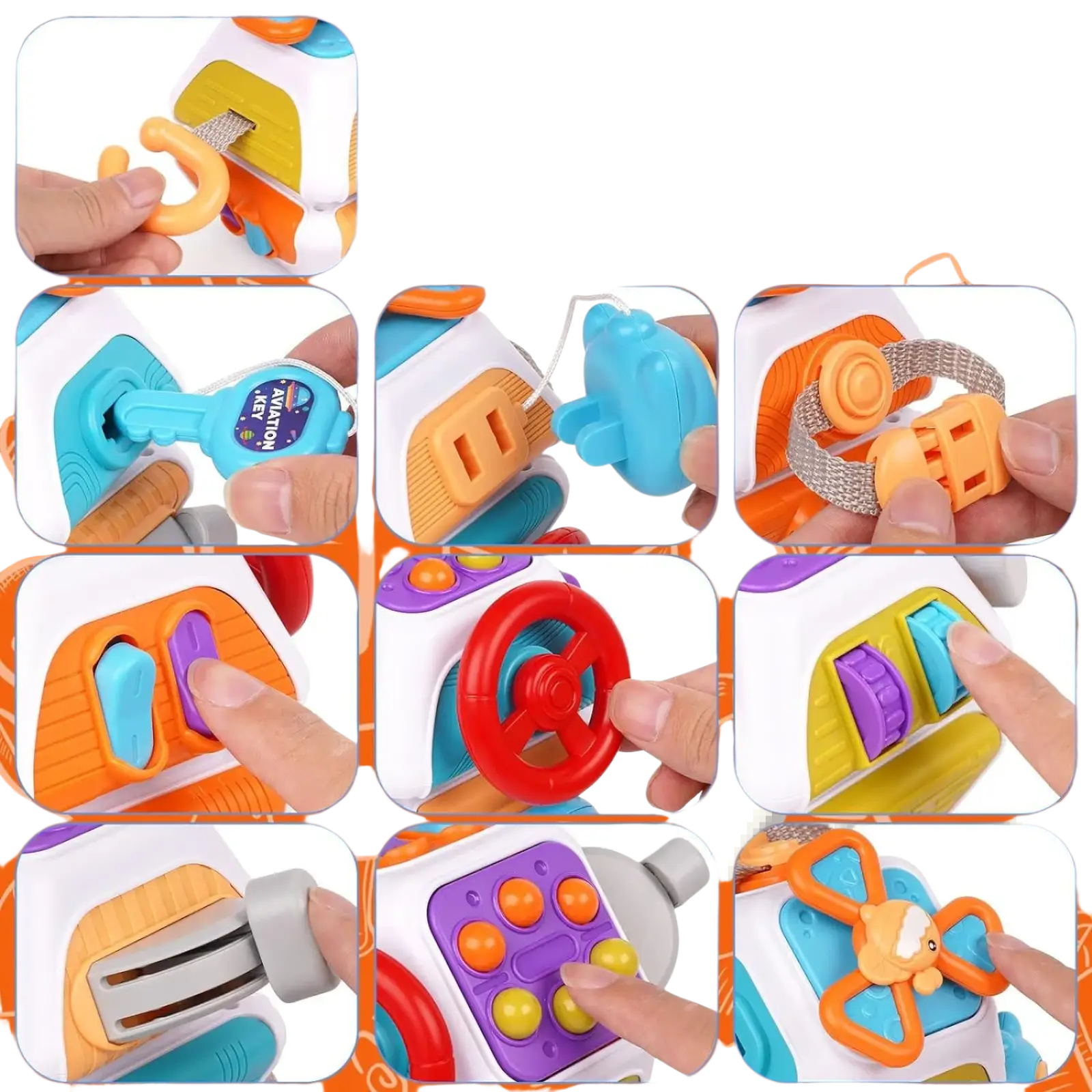 Brightly colored orange blue purple and red plastic Montessori busy cube travel toy car with steering wheel buttons and detachable parts