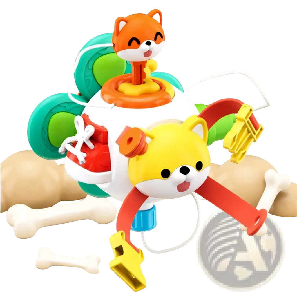 Montessori busy cube travel toy brightly colored plastic with orange fox yellow dog faces and interactive buttons levers pull-string