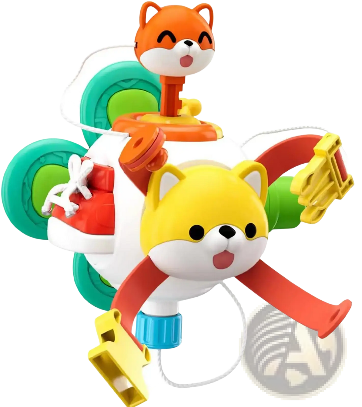 Montessori busy cube travel toy with brightly colored plastic featuring two cartoon foxes and green wheels with white cord