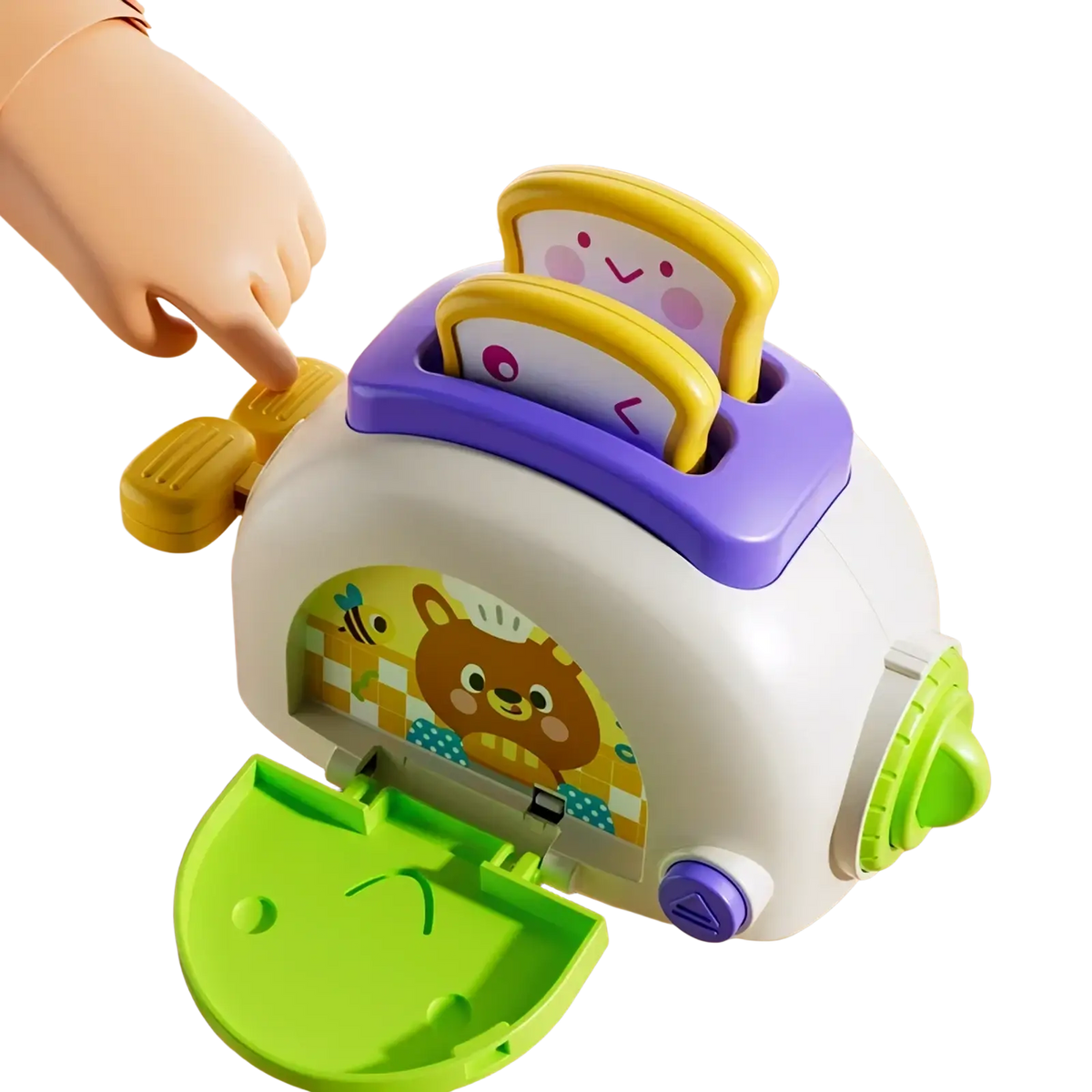 Montessori busy cube travel toy colorful children’s plastic toaster with white body purple handle and cartoon bread slices design