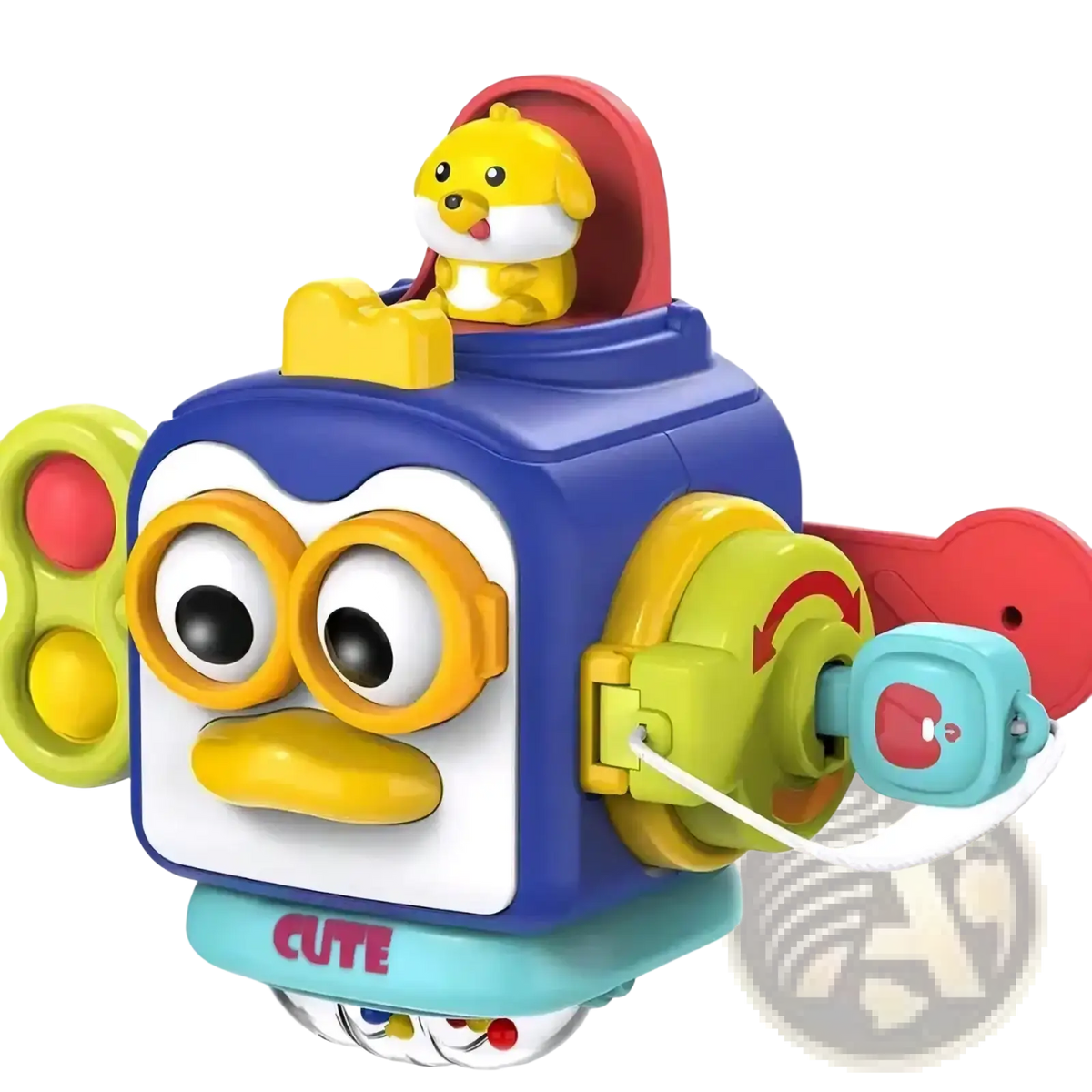 Blue and yellow montessori busy cube travel toy with an interactive robot and cute dog figure on top