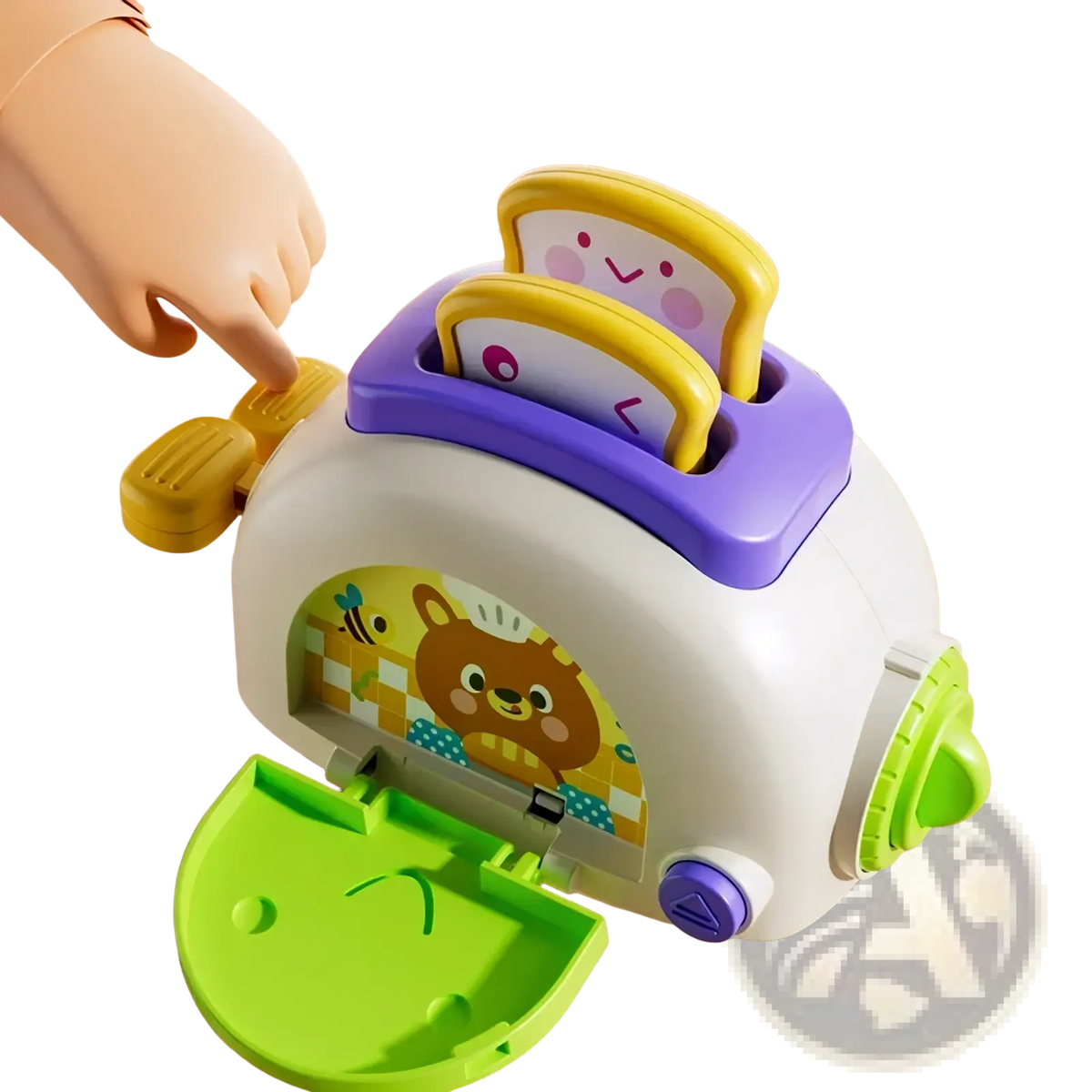 Montessori busy cube travel toy colorful children’s plastic toaster with white body purple handle and cartoon bread slices design