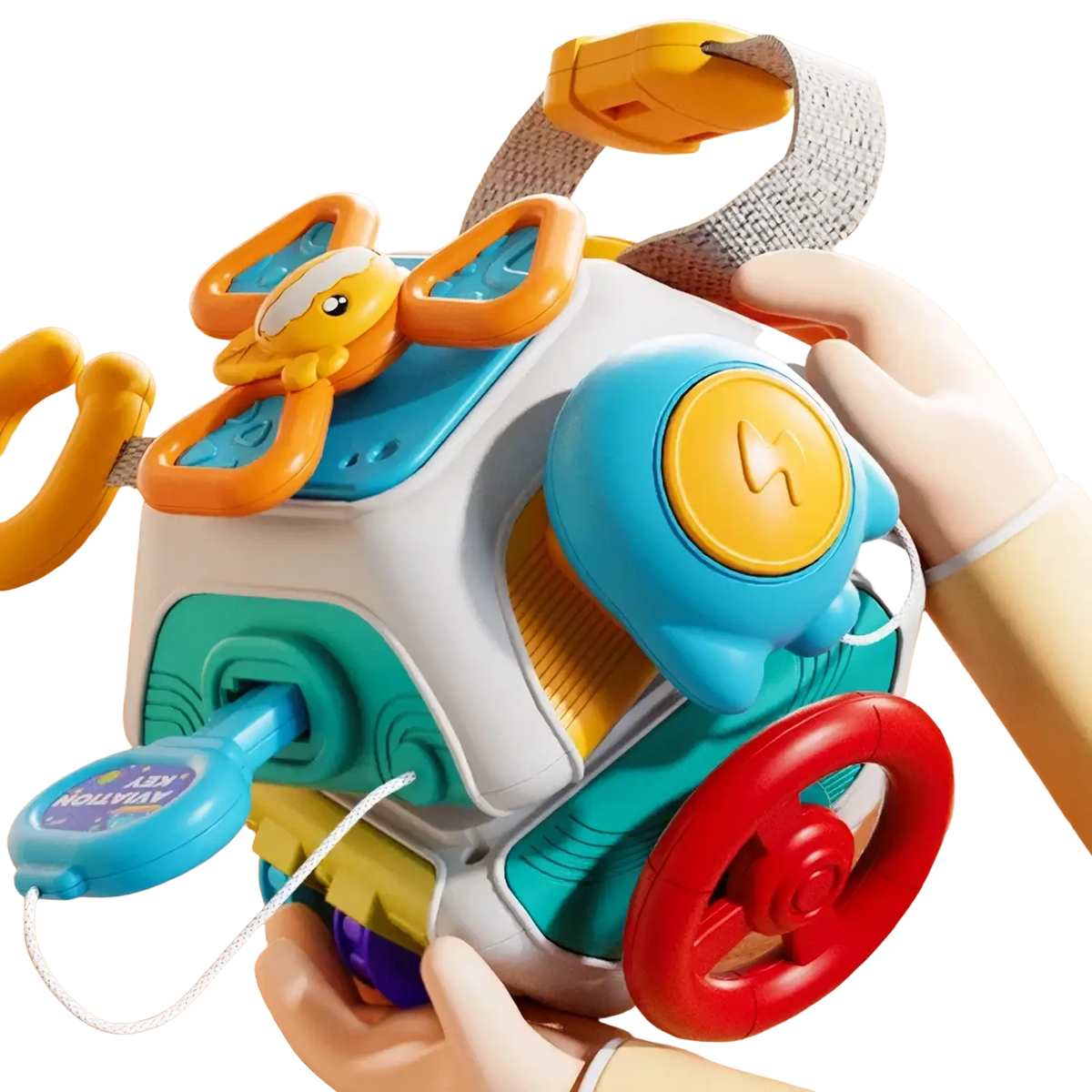 Montessori busy cube travel toy multicolored plastic baby activity cube with yellow duck red steering wheel and blue button