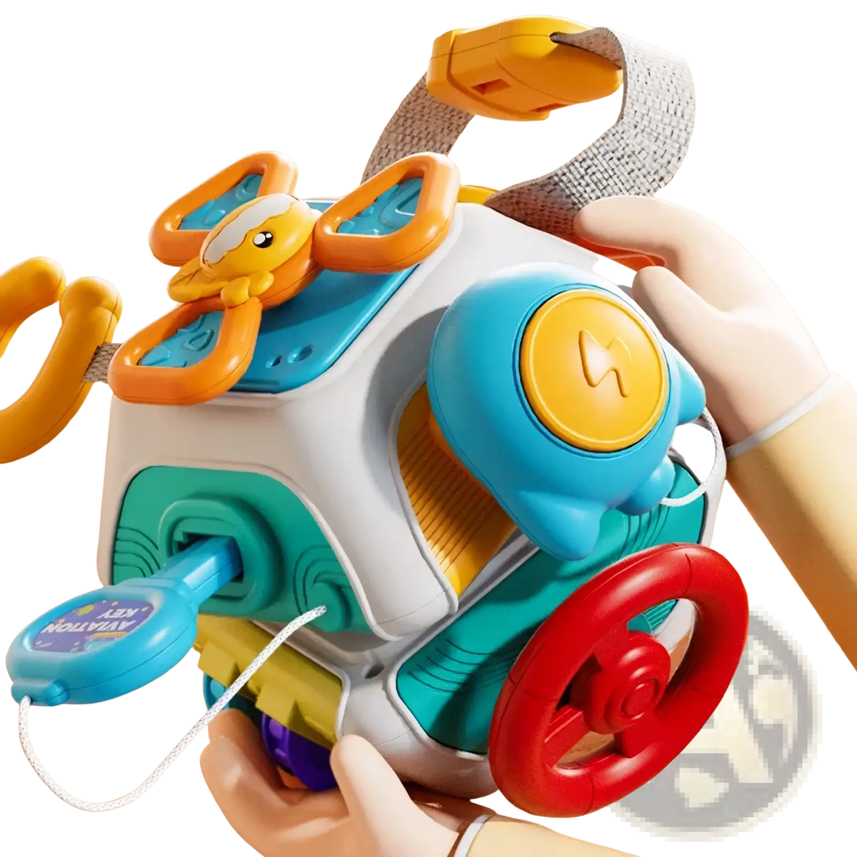 Montessori busy cube travel toy multicolored plastic baby activity cube with yellow duck red steering wheel and blue button